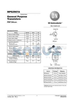 MPS2907ARLRE datasheet - General Purpose Transistors(PNP Silicon)
