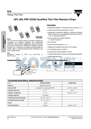M55342E01B1C100MT3V datasheet - QPL MIL-PRF-55342 Qualified Thin Film Resistor Chips