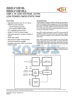 IS62LV12816L-55BI datasheet - 128K x 16 LOW VOLTAGE, ULTRA LOW POWER CMOS STATIC RAM