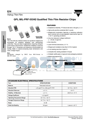 M55342E03B1C100RT1V datasheet - QPL MIL-PRF-55342 Qualified Thin Film Resistor Chips