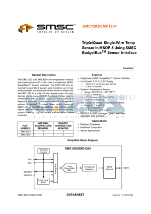 EMC1204-ACZL-TR datasheet - Triple/Quad Single-Wire Temp Sensor in MSOP-8 Using SMSC BudgetBus Sensor Interface