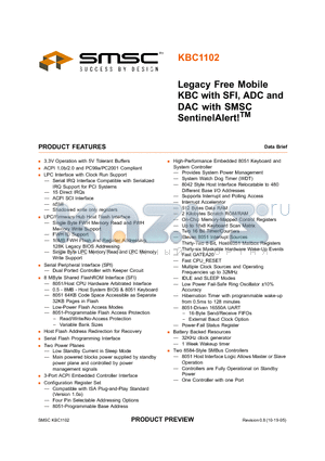 KBC1102 datasheet - LEGACY FREE MOBILE KBC WITH SFI, ADC AND DAC WITH SMSC SENTINELALERT