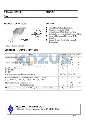 M02N60B datasheet - N Channel MOSFET