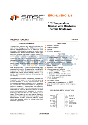 EMC1423 datasheet - 1`C Temperature Sensor with Hardware Thermal Shutdown