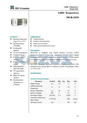 MGB-125M0DC datasheet - GBIC Transceiver