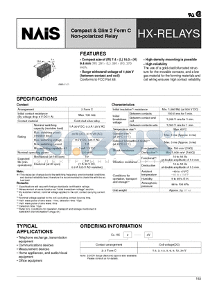 HX2-1.5V datasheet - Compact & Slim 2 Form C Non-polarized Relay