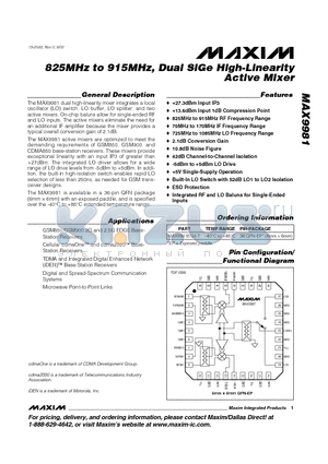 MAX9981EGX-T datasheet - 825MHz to 915MHz, Dual SiGe High-Linearity Active Mixer