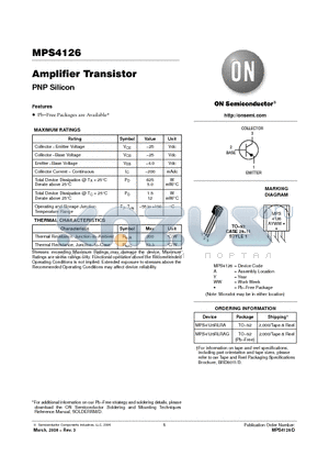 MPS4126RLRAG datasheet - Amplifier Transistor PNP Silicon