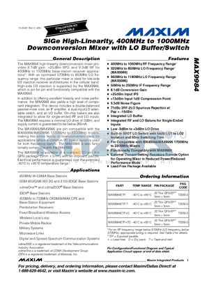 MAX9984ETP-T datasheet - SiGe High-Linearity, 400MHz to 1000MHz Downconversion Mixer with LO Buffer/Switch