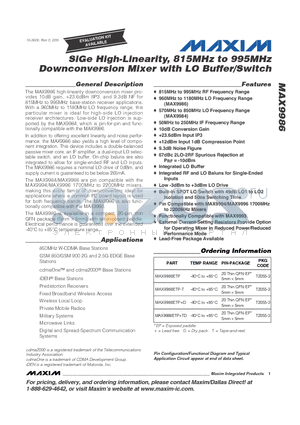 MAX9986ETP-T datasheet - SiGe High-Linearity, 815MHz to 995MHz Downconversion Mixer with LO Buffer/Switch