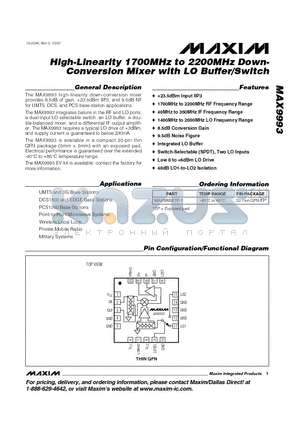 MAX9993 datasheet - High-Linearity 1700MHz to 2200MHz Down- Conversion Mixer with LO Buffer/Switch