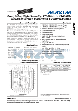 MAX9995 datasheet - Dual, SiGe, High-Linearity, 1700MHz to 2700MHz Downconversion Mixer with LO Buffer/Switch