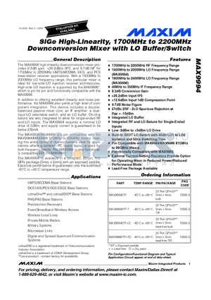 MAX9994ETP datasheet - SiGe High-Linearity, 1700MHz to 2200MHz Downconversion Mixer with LO Buffer/Switch