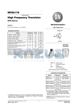 MPS5179RLRPG datasheet - High Frequency Transistor NPN Silicon