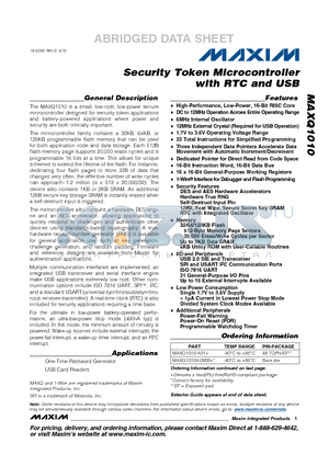 MAXQ1010 datasheet - Security Token Microcontroller with RTC and USB