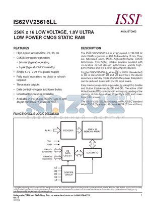 IS62VV25616L datasheet - 256K x 16 LOW VOLTAGE, 1.8V ULTRA LOW POWER CMOS STATIC RAM