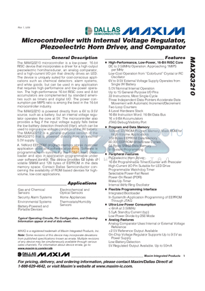 MAXQ3210-EMX datasheet - Microcontroller with Internal Voltage Regulator,  Piezoelectric Horn Driver, and Comparator