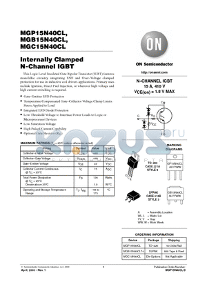 MGB15N40CLT4 datasheet - Internally Clamped N-Channel IGBT