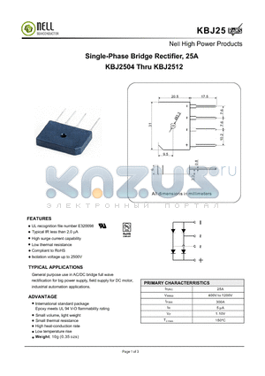 KBJ25 datasheet - Single-Phase Bridge Rectifier, 25A