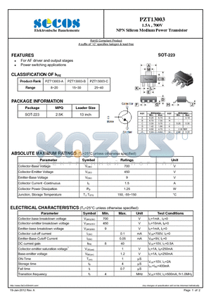 PZT13003 datasheet - 1.5A , 700V NPN Silicon Medium Power Transistor