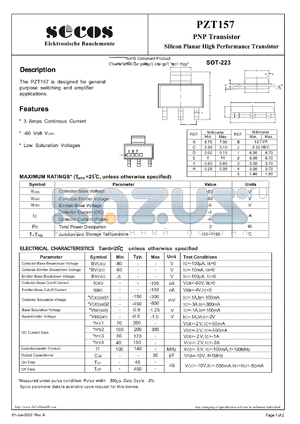 PZT157 datasheet - PNP Transistor Silicon Planar High Performance Transistor