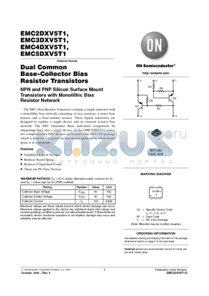 EMC2DXV5T5G datasheet - Dual Common Base−Collector Bias Resistor Transistors NPN and PNP Silicon Surface Mount Transistors with Monolithic Bias Resistor Network