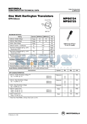 MPS6725 datasheet - One Watt Darlington Transistors