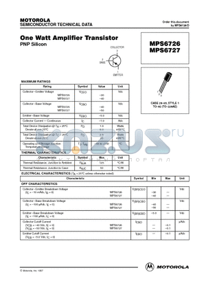 MPS6726 datasheet - One Watt Amplifier Transistor(PNP Silicon)