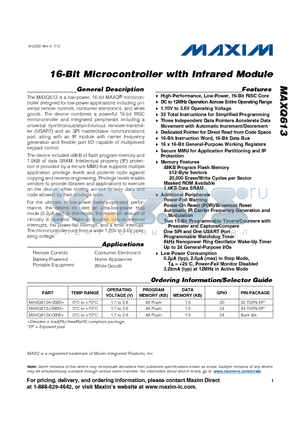 MAXQ613 datasheet - 16-Bit Microcontroller with Infrared Module