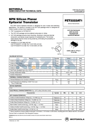 PZT2222AT3 datasheet - NPN SILICON TRANSISTOR SURFACE MOUNT