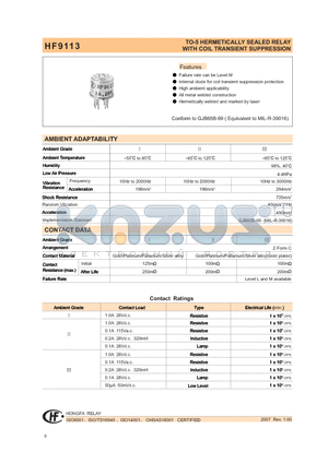 HF9113-009M03I datasheet - TO-5 HERMETICALLY SEALED RELAY WITH COLIL TRANSIENT SUPPRESSION