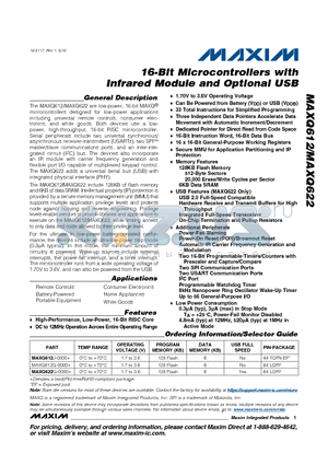 MAXQ622G-0000+ datasheet - 16-Bit Microcontrollers with Infrared Module and Optional USB