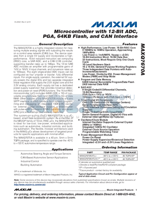 MAXQ7670AATL+ datasheet - Microcontroller with 12-Bit ADC, PGA, 64KB Flash, and CAN Interface