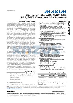 MAXQ7670ATL+ datasheet - Microcontroller with 10-Bit ADC, PGA, 64KB Flash, and CAN Interface