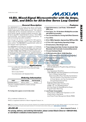 MAXQ8913 datasheet - 16-Bit, Mixed-Signal Microcontroller with Op Amps, ADC, and DACs for All-in-One Servo Loop Control