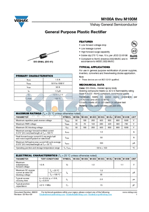 M100A datasheet - General Purpose Plastic Rectifier
