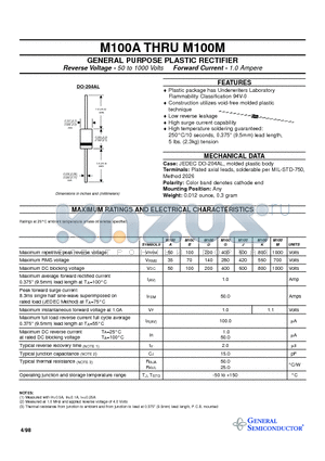 M100D datasheet - GENERAL PURPOSE PLASTIC RECTIFIER