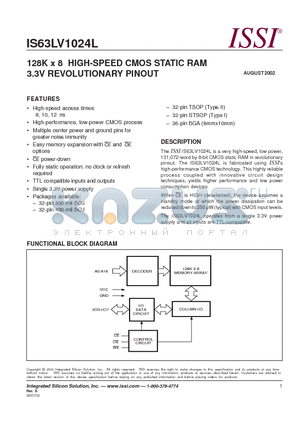 IS63LV1024L-10JI datasheet - 128K x 8 HIGH-SPEED CMOS STATIC RAM 3.3V REVOLUTIONARY PINOUT