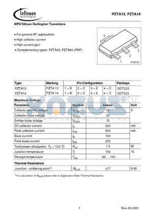 PZTA13 datasheet - NPN Silicon Darlington Transistors