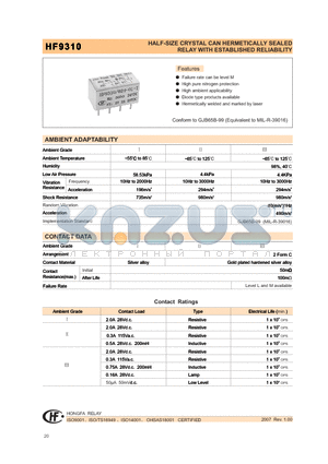 HF9310-00503I datasheet - HALF-SIZE CRYSTAL CAN HERMETICALLY SEALED RELAY WITH ESTABLISHED RELIABILITY
