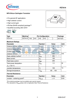 PZTA14_08 datasheet - NPN Silicon Darlington Transistor