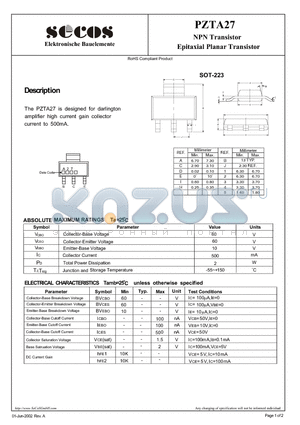 PZTA27 datasheet - Epitaxial Planar Transistor