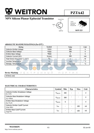 PZTA42 datasheet - NPN Silicon Planar Epitaxial Transistor