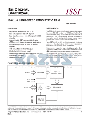 IS64C1024AL-15KA3 datasheet - 128K x 8 HIGH-SPEED CMOS STATIC RAM