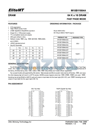 M10B11664A-25T datasheet - 64K X 16 DRAM FAST PAGE MODE