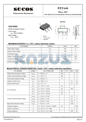 PZTA44 datasheet - NPN SILICON PLANAR HIGH VOLTAGE TRANSISTOR