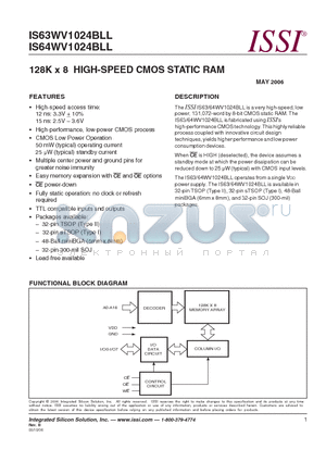 IS63WV1024BLL-12JLI datasheet - 128K x 8 HIGH-SPEED CMOS STATIC RAM