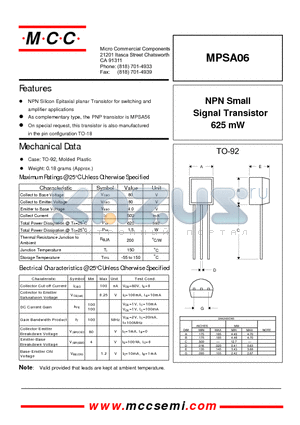 MPSA06 datasheet - NPN Small Signal Transistor 625 mW