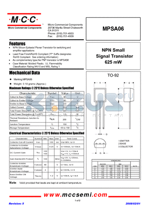 MPSA06-BP datasheet - NPN Small Signal Transistors 625mW