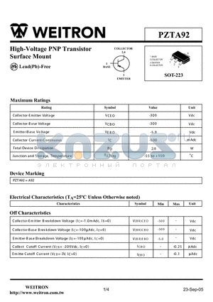 PZTA92 datasheet - High-Voltage PNP Transistor Surface Mount